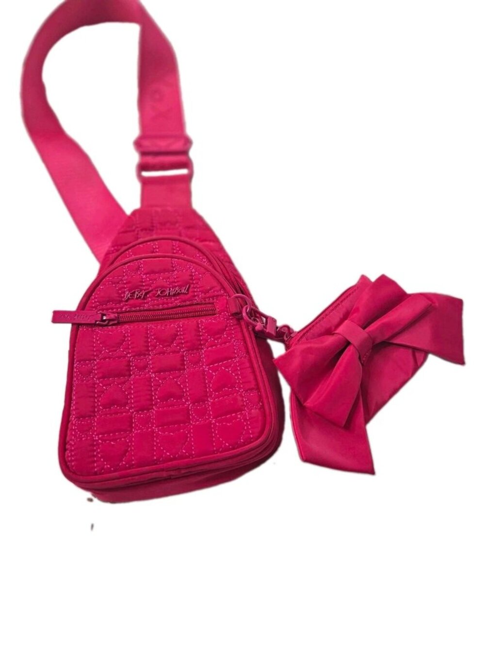 Betsey Johnson Pink Quilted Heart Stitch Small Crossbody Bag w/ Pouch Mini